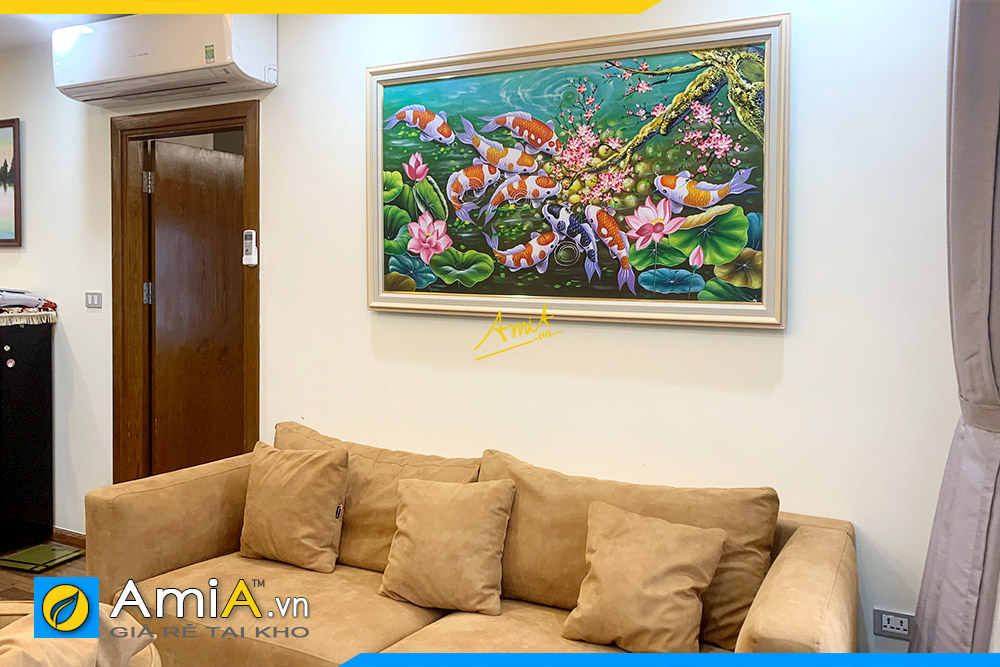 Hình ảnh Tranh sơn dầu cá chép hoa sen treo phòng khách chung cư AmiA TSD 542