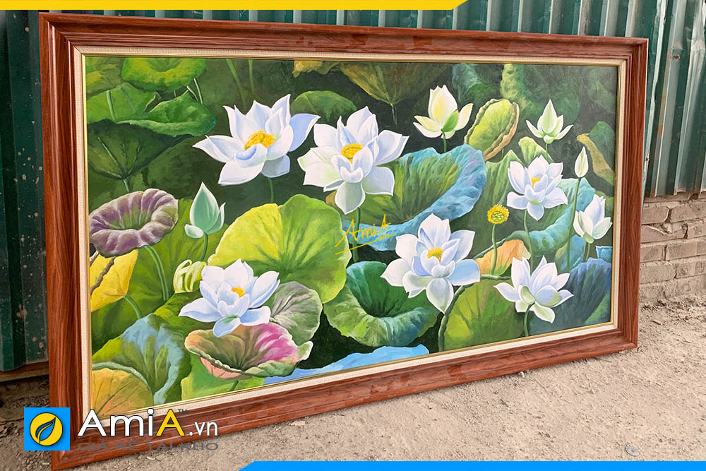 Hình ảnh Tranh sơn dầu đầm hoa sen trắng 1 tấm đóng khung AmiA TSD619