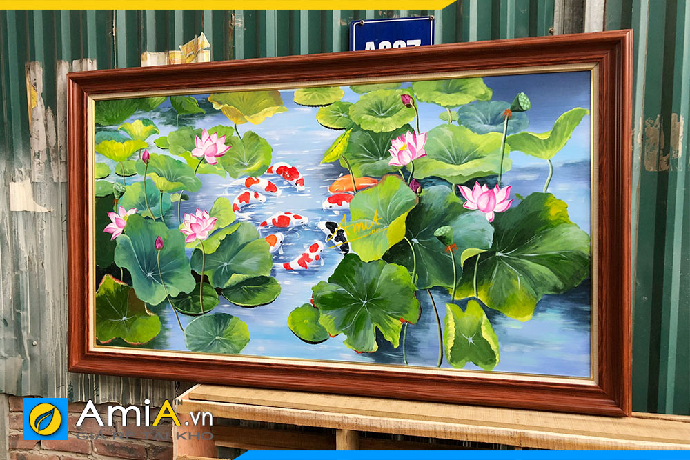 Hình ảnh Tranh sơn dầu phòng khách cá chép hoa sen 1 tấm đóng khung AmiA TSD 585