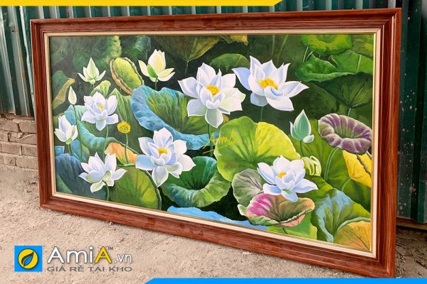 Hình ảnh Tranh sơn dầu phòng khách đẹp ý nghĩa đầm hoa sen trắng AmiA TSD619