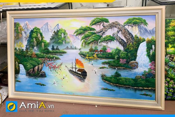 Hình ảnh Tranh sơn thủy hữu tình vẽ sơn dầu trang trí phòng khách AmiA TSD 384