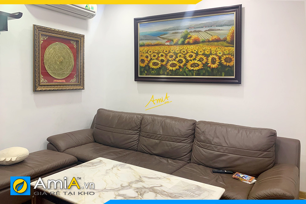 Hình ảnh Tranh treo phòng khách cánh đồng hoa hướng dương vẽ sơn dầu AmiA TPK117