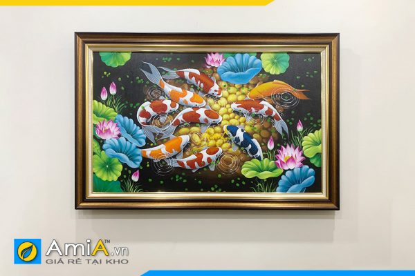 Hình ảnh Tranh treo tường phòng ăn cá chép hoa sen vẽ sơn dầu 1 tấm AmiA TSD 207