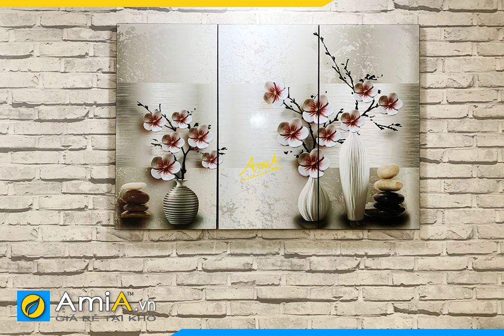 Hình ảnh Tranh treo tường phòng khách 3 tấm chủ đề hoa đào đẹp AmiA 1384