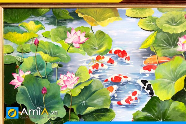 Hình ảnh Tranh treo tường phòng khách đẹp cá chép hoa sen vẽ sơn dầu AmiA TSD 585