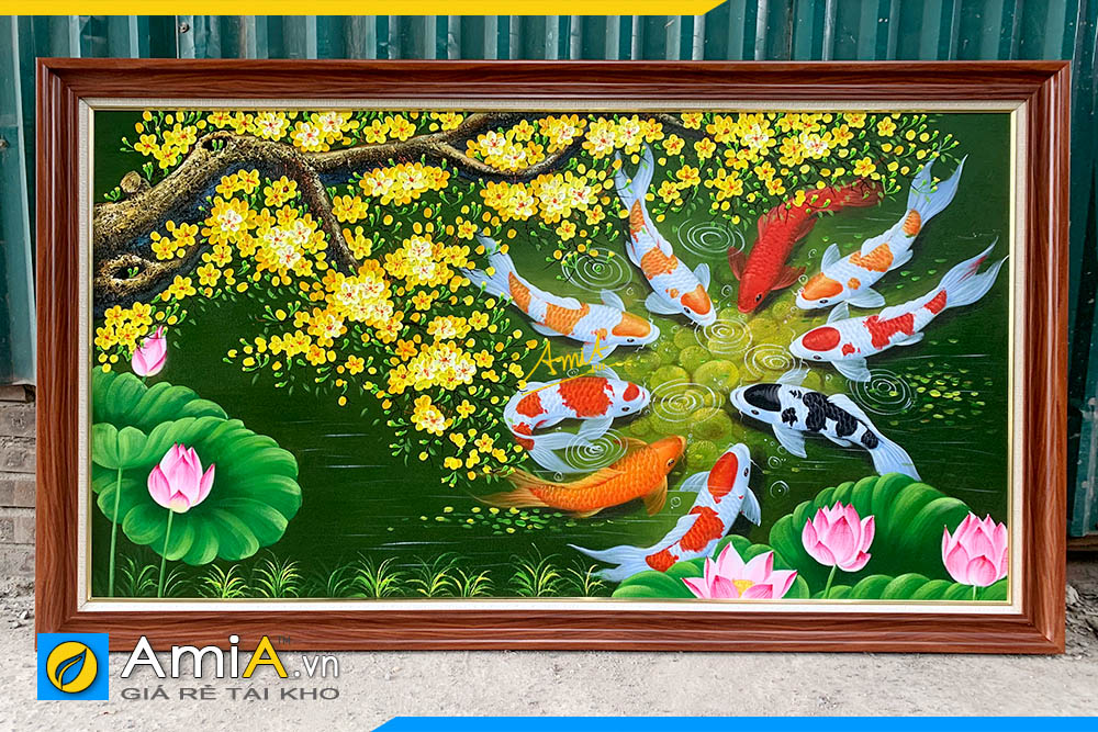 Hình ảnh Tranh treo tường phòng khách vẽ sơn dầu cá chép AmiA TSD459
