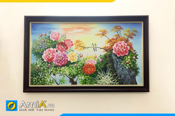 Hình ảnh Tranh vẽ sơn dầu hoa mẫu đơn treo tường phòng khách đẹp ý nghĩa AmiA TSD 444