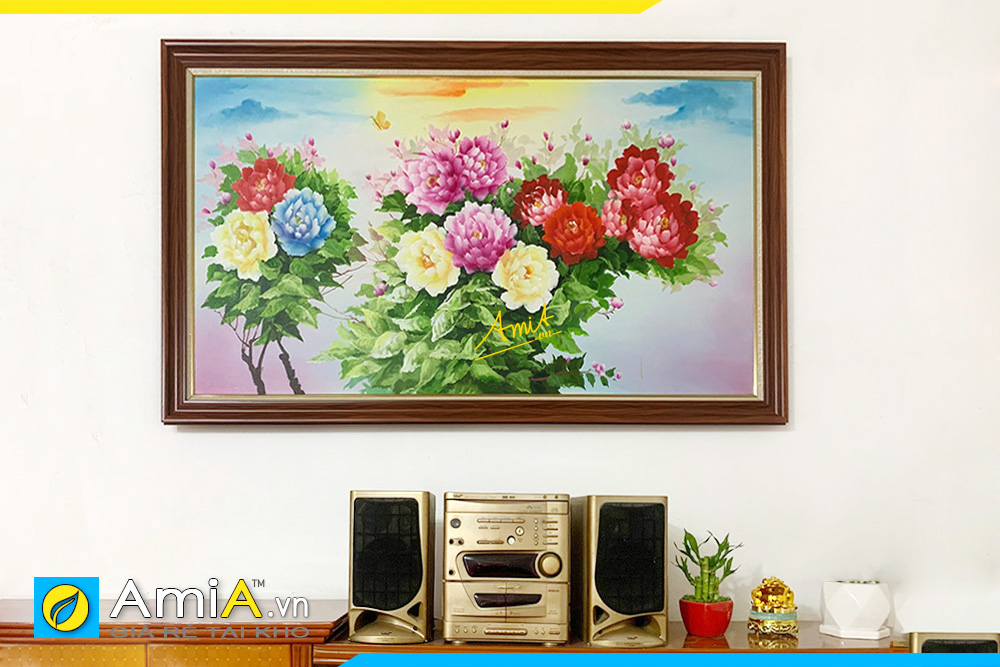 Hình ảnh Tranh vẽ sơn dầu hoa mẫu đơn treo tường phòng khách đẹp ý nghĩa