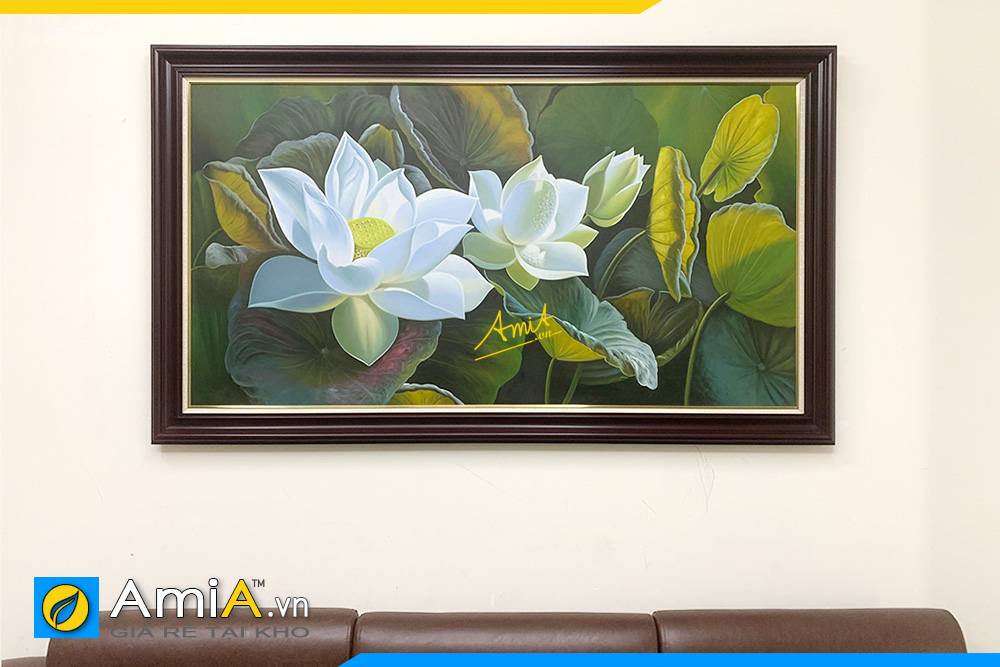 Hình ảnh Tranh vẽ sơn dầu hoa sen trắng trang trí phòng khách chung cư AmiA TSD 522