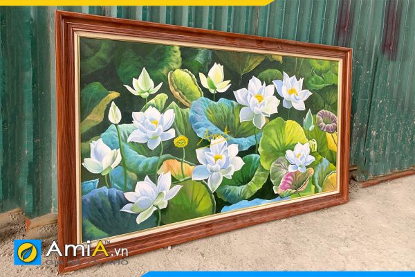 Hình ảnh Tranh vẽ sơn dầu hoa sen trắng treo tường ý nghĩa AmiA TSD619