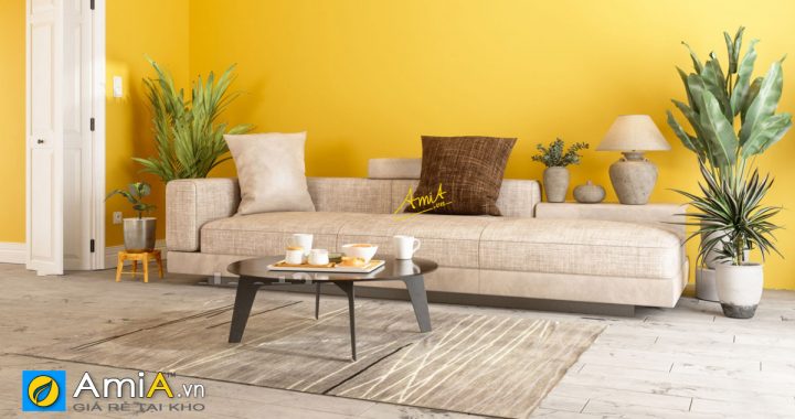 tường màu vàng chọn sofa màu gì đẹp cho phòng khách
