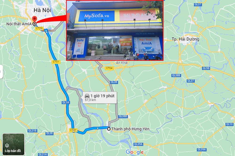 Map chỉ đường từ Hưng Yên đến cửa hàng nội thất AmiA.